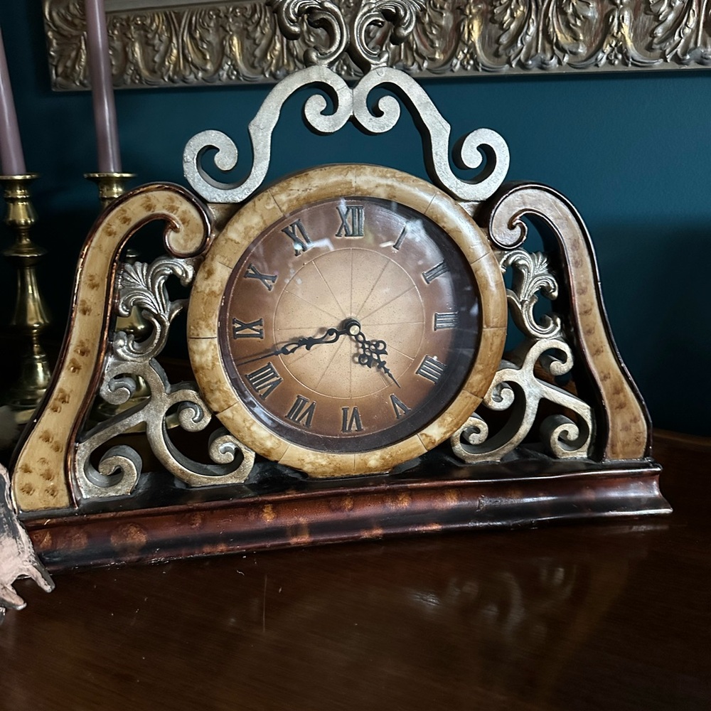 Vintage Inspired Decorative Mantel Clock in Gold and Brown